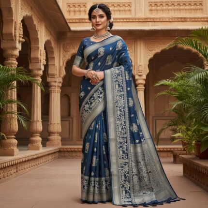 Elegant Navy Blue Silk Saree with Silver Zari Border & Designer Pallu